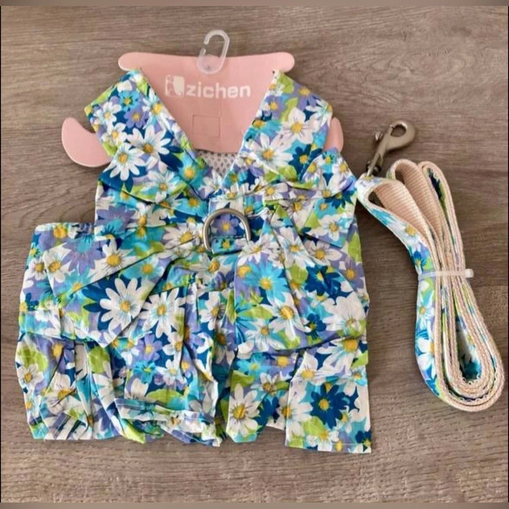 NWT Zichen Dress for Pet White Blue Purple Green with Leash